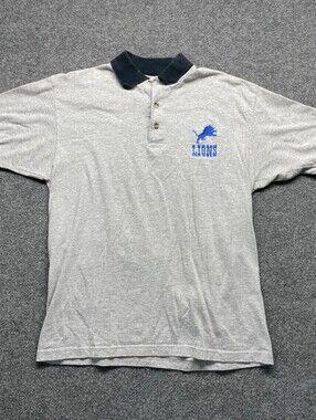 Vintage Detroit Lions True Fan Polo Shirt Size L Gray Navy Blue 100% Cotton NFL